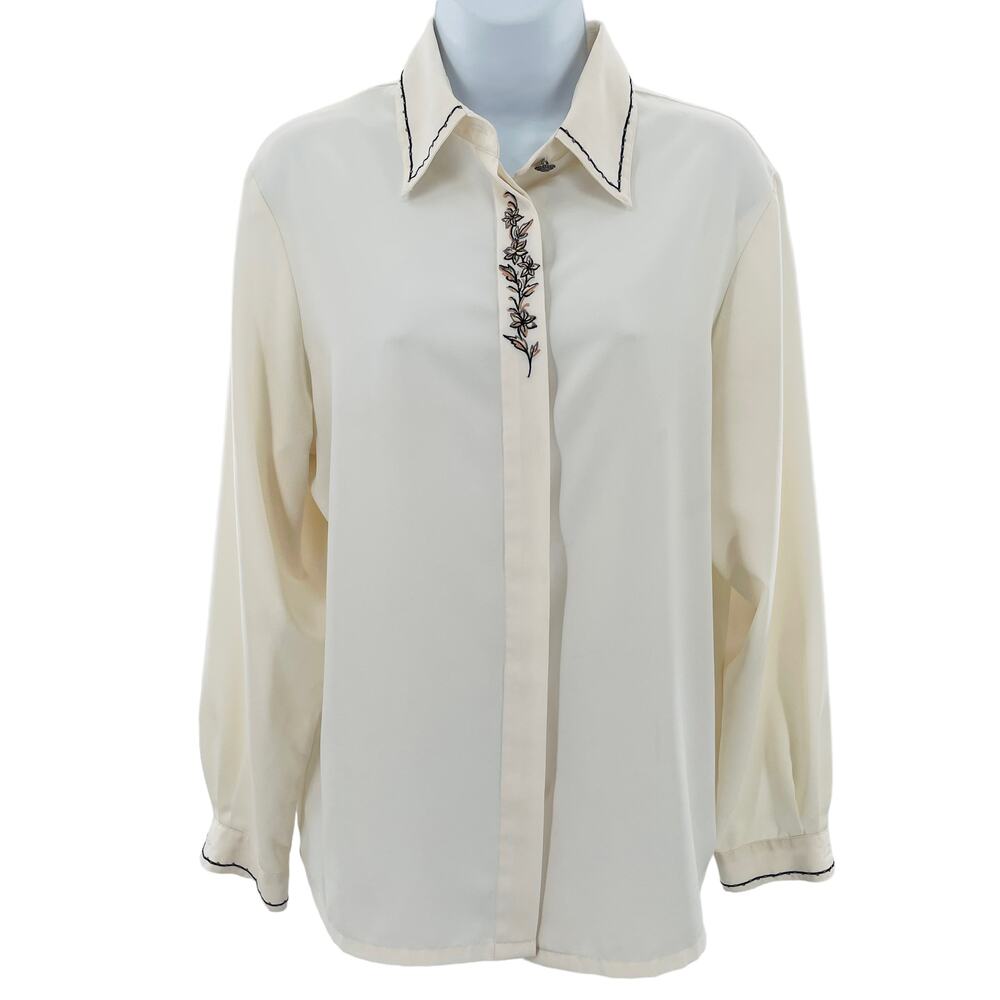 Koret Vintage 90s Cream Embroidered Trim Long Sleeve Sheer Career Blouse Sz 10